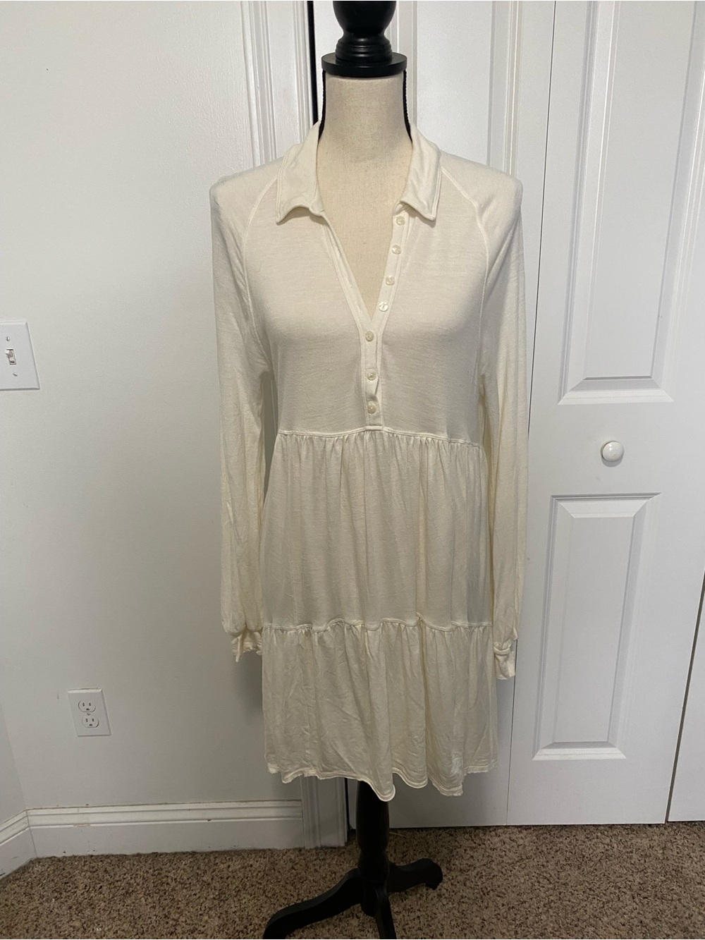 Free People Cream Long Sleeve Tiered Button-Front Cotton/Linen Dress